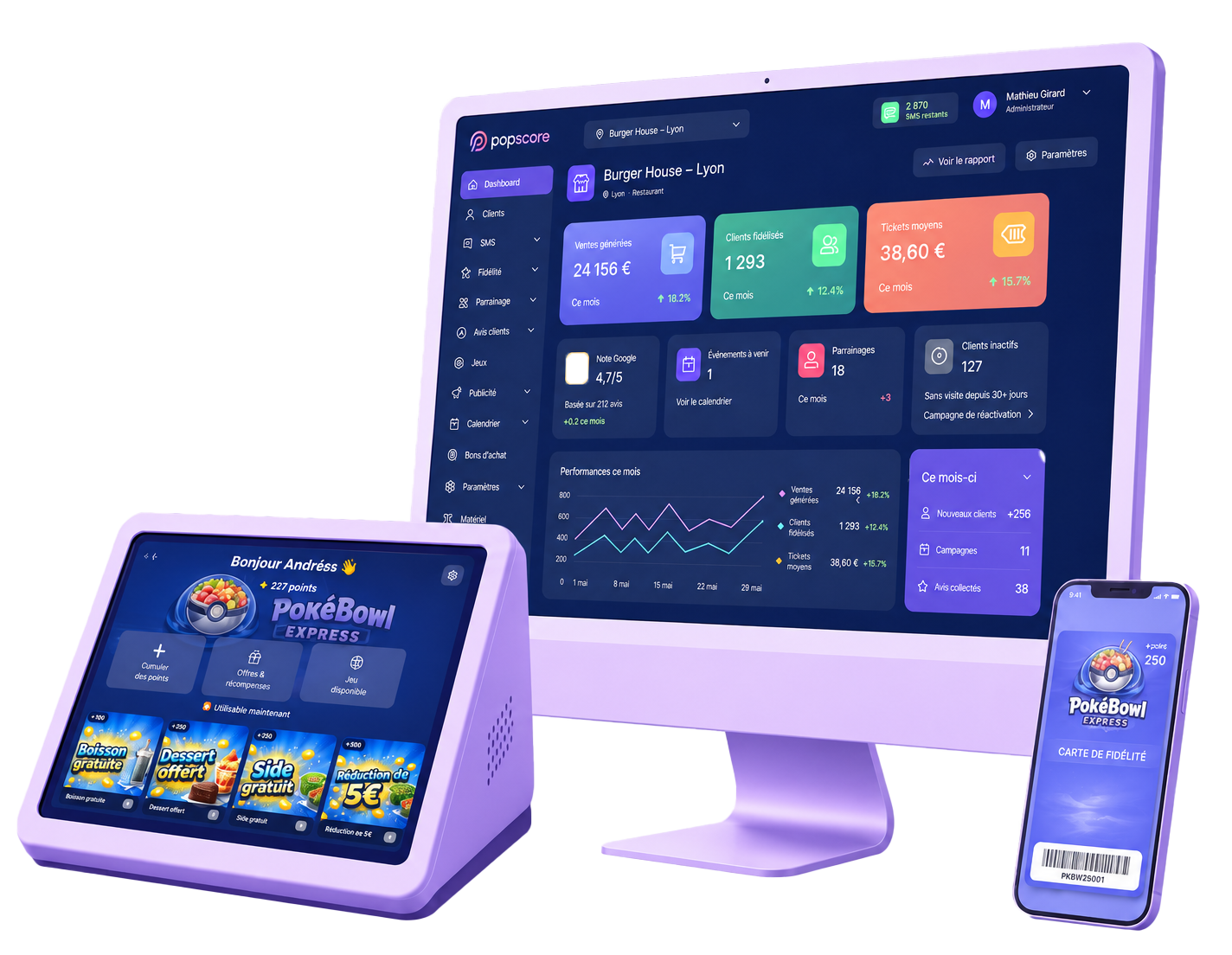 Suite PopScore : tableau de bord marketing, borne de fidélité tactile et application mobile